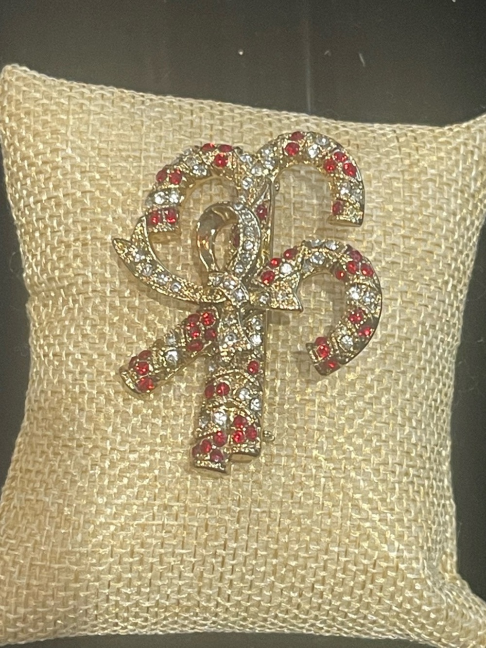 VTG Monet Triple Candy Cane Christmas Brooch Rhinestone Bow Pin